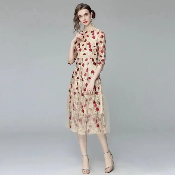 boutique floral embroidered midi dress M vintage look victorian fit & flare NWOT - Picture 1 of 12